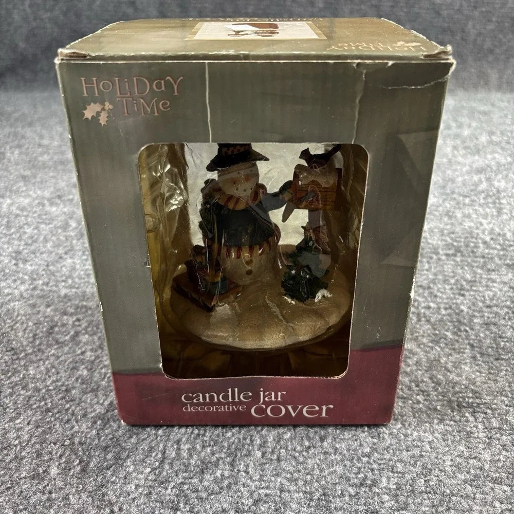 Holiday Time Snowman Candle Jar Topper Cover Christmas Decor w Box Farmhouse‎